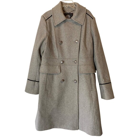 Vince Camuto Midi Coat Gray Double-Breasted Black Trim Wool Bend Medium - Picture 2 of 15